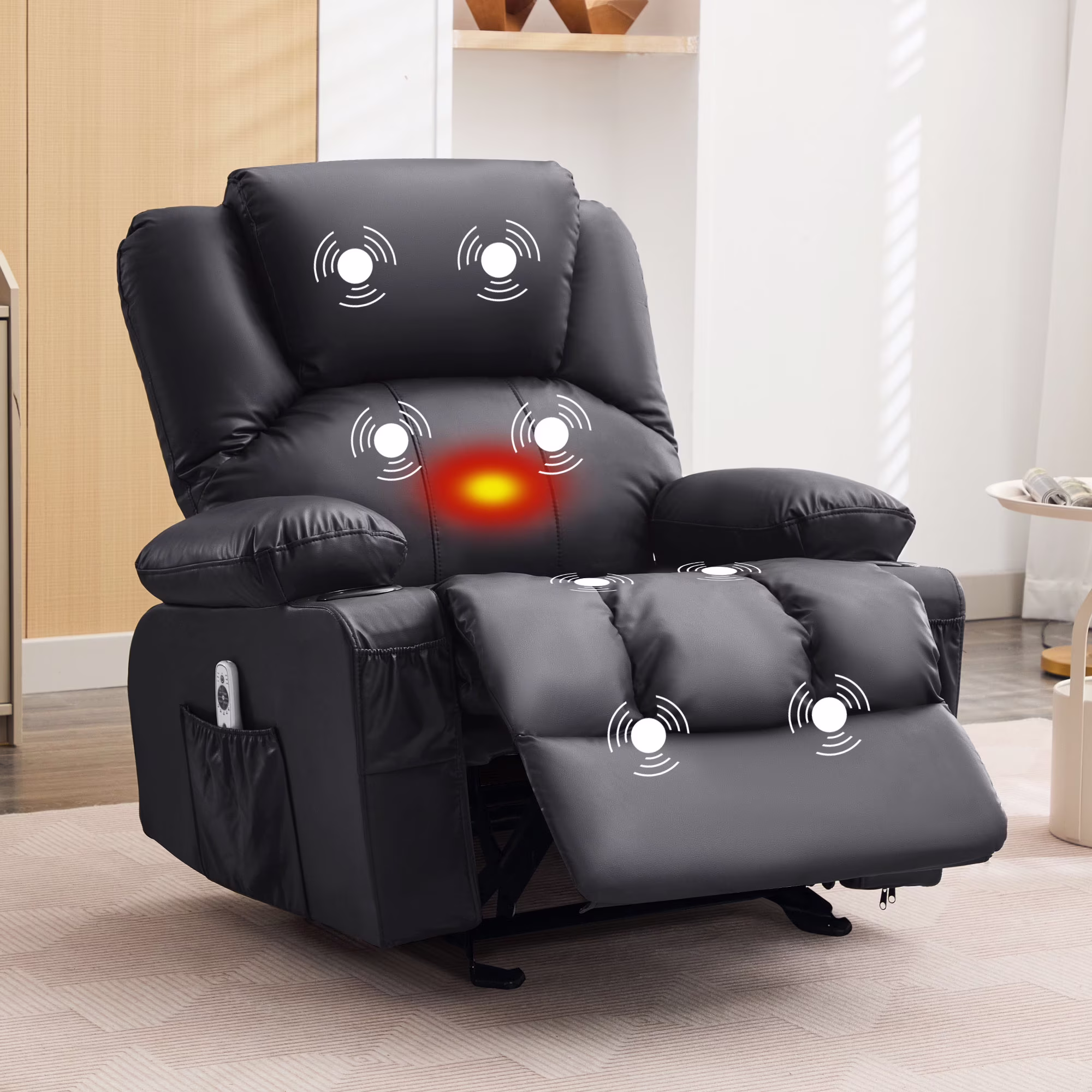 JONPONY Manual Recliner Chair with Heat Therapy and Massage Function, Heavy Duty Reclining Mechanism Massage Chair, Elderly Single Rocker Sofa with Cup Holders for Bedroom Home Theater,Black