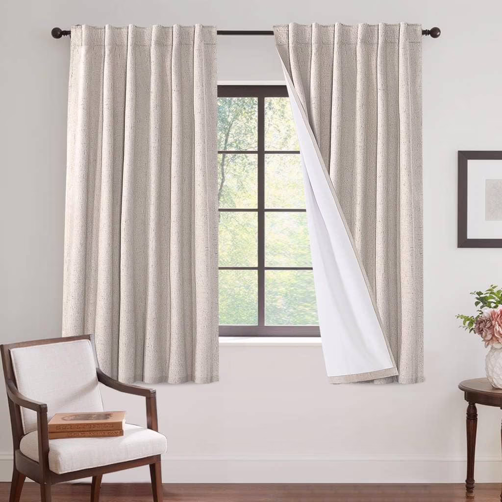 H.VERSAILTEX Contemporary Faux Linen 100% Blackout Back Tab/Rod Pocket/Hook Belt Thermal Insulated Curtain Sets for Bedroom, 2 Panels, 52"x 63", Natural