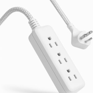 Indoor Extension Cord with 3 Outlets, 2ft White Braided Cable, Flat Plug Space-Saving Design, Flexible Household Power Cord for Home, Office, Lamps, Small Devices