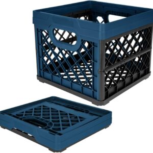 Collapsible Plastic Milk Crate 6.6 Gallon Folding Storage Bin, Stackable Space Saving Storage Basket with Handles for Home, Kitchen, Car Trunk, Garage – Ocean Navy